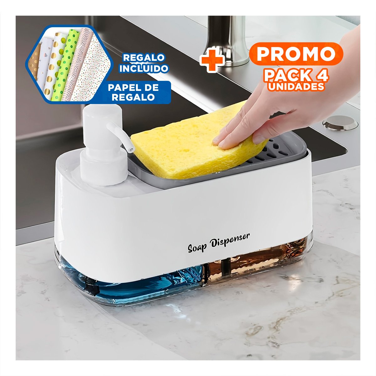 PACK4 IMPLEMENTO DOBLE DE JABON LIQUIDO LAVAVAJILLA PARA COCINA BLANCO Y+PAPEL REGALO - 1