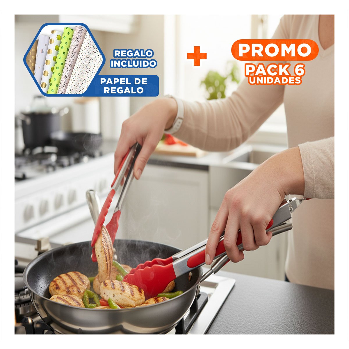 PACK6 PRENSA FUNCIONAL 21CM EN ROJO PARA COCINA HOGAR Y PARRILLA Y+PAPEL REGALO - 1