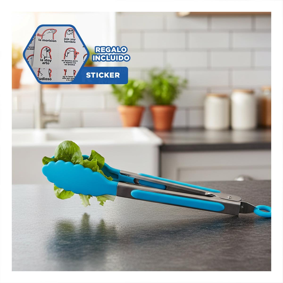AGARRE DE COCINA 21CM CELESTE PARA PREPARAR Y SERVIR COMIDAS Y+REGALO STICKER - 1