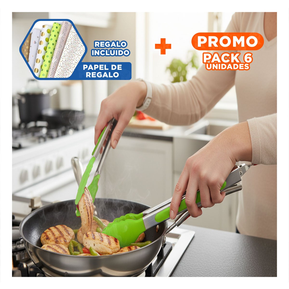 PACK6 PINZA PRACTICA 21CM EN VERDE LIMON PARA COCINA Y+PAPEL REGALO - 1