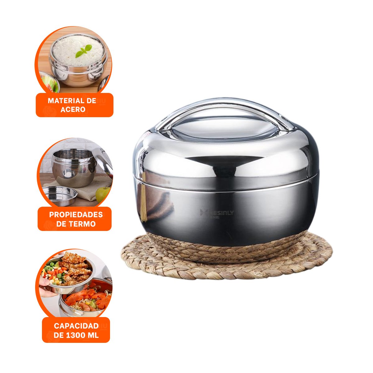 PACK6 CONTENEDOR DE COMIDA TERMICO CIRCULAR 1300ML ACERO PLATEADO COCINA Y+REGALO STICKER - 3