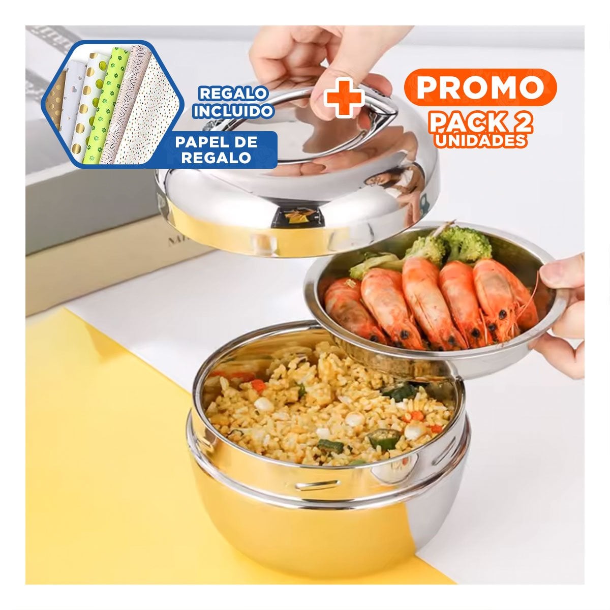 PACK2 HERMETICO TERMICO CIRCULAR 1300ML DE ACERO PLATEADO PORTATIL PARA OFICINA Y+PAPEL REGALO - 1