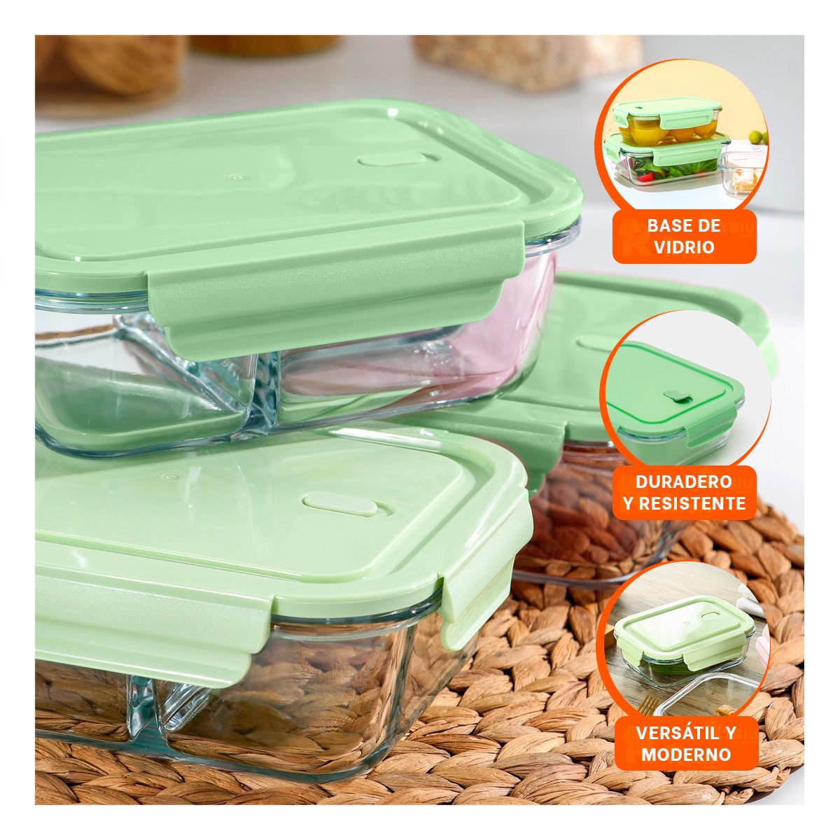 RECIPIENTES HERMETICOS DE VIDRIO RECTANGULAR CON TAPA VERDE PACK DE 3 Y+PAPEL REGALO - 5