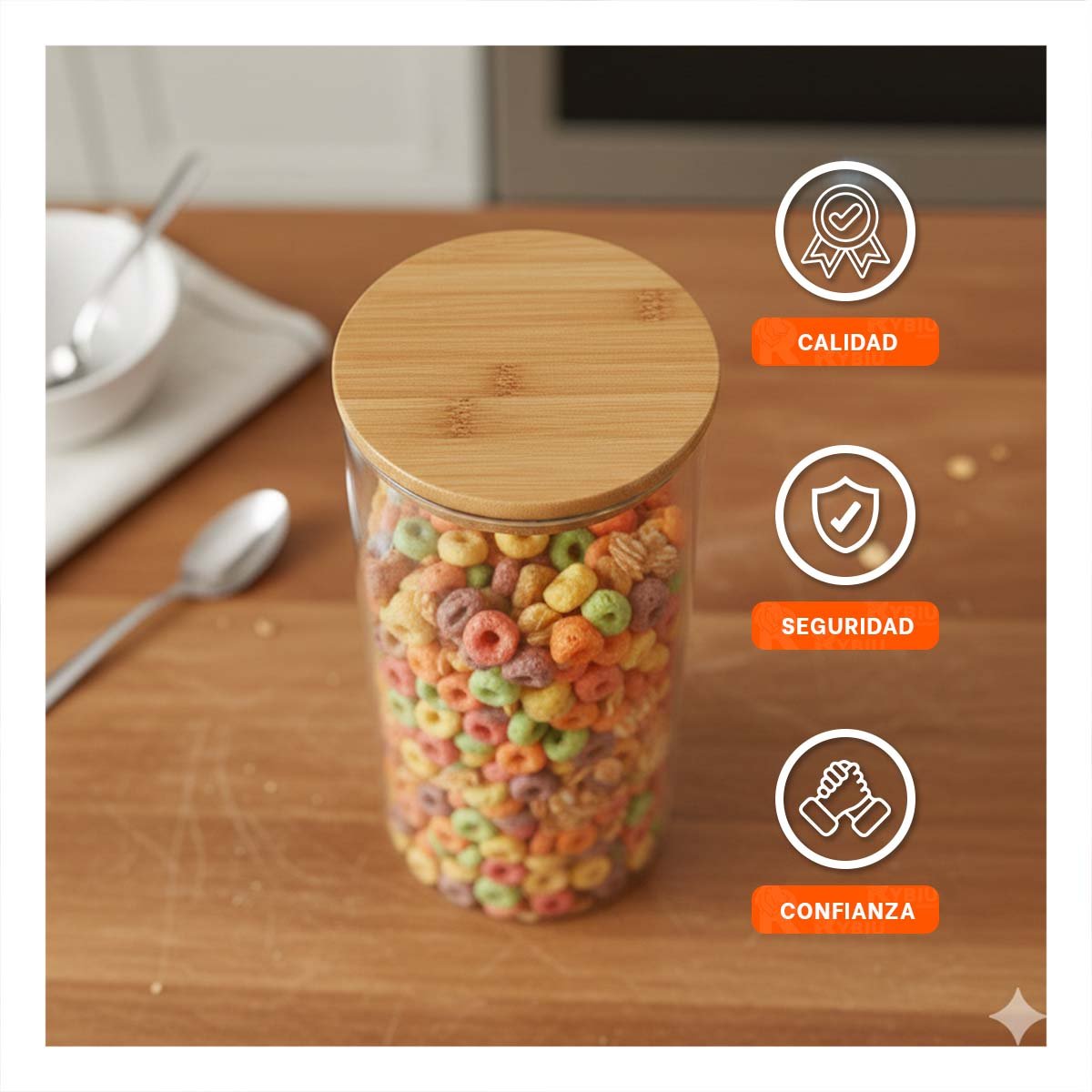 RECIPIENTE DE VIDRIO 700ML TRANSPARENTE CON TAPA MADERA PARA COCINA Y+PAPEL REGALO - 3