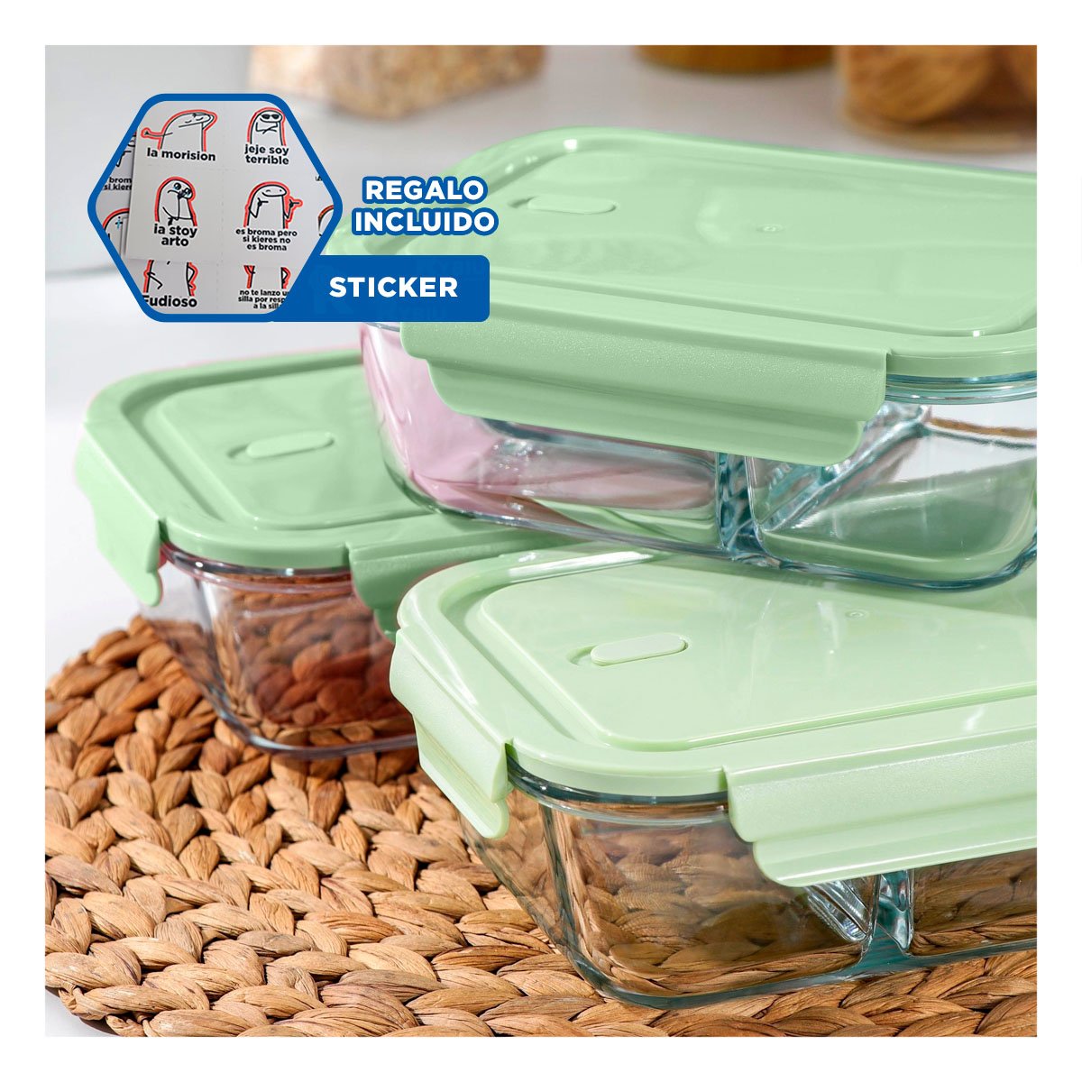 ENVASES HERMETICOS DE VIDRIO RECTANGULAR CON TAPA VERDE SET DE 3 Y+REGALO STICKER - 1