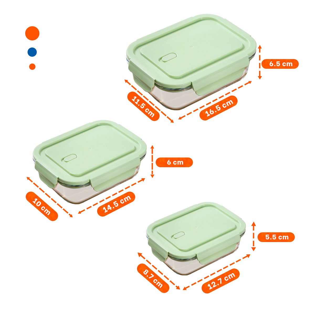 ENVASES HERMETICOS DE VIDRIO RECTANGULAR CON TAPA VERDE SET DE 3 Y+REGALO STICKER - 4