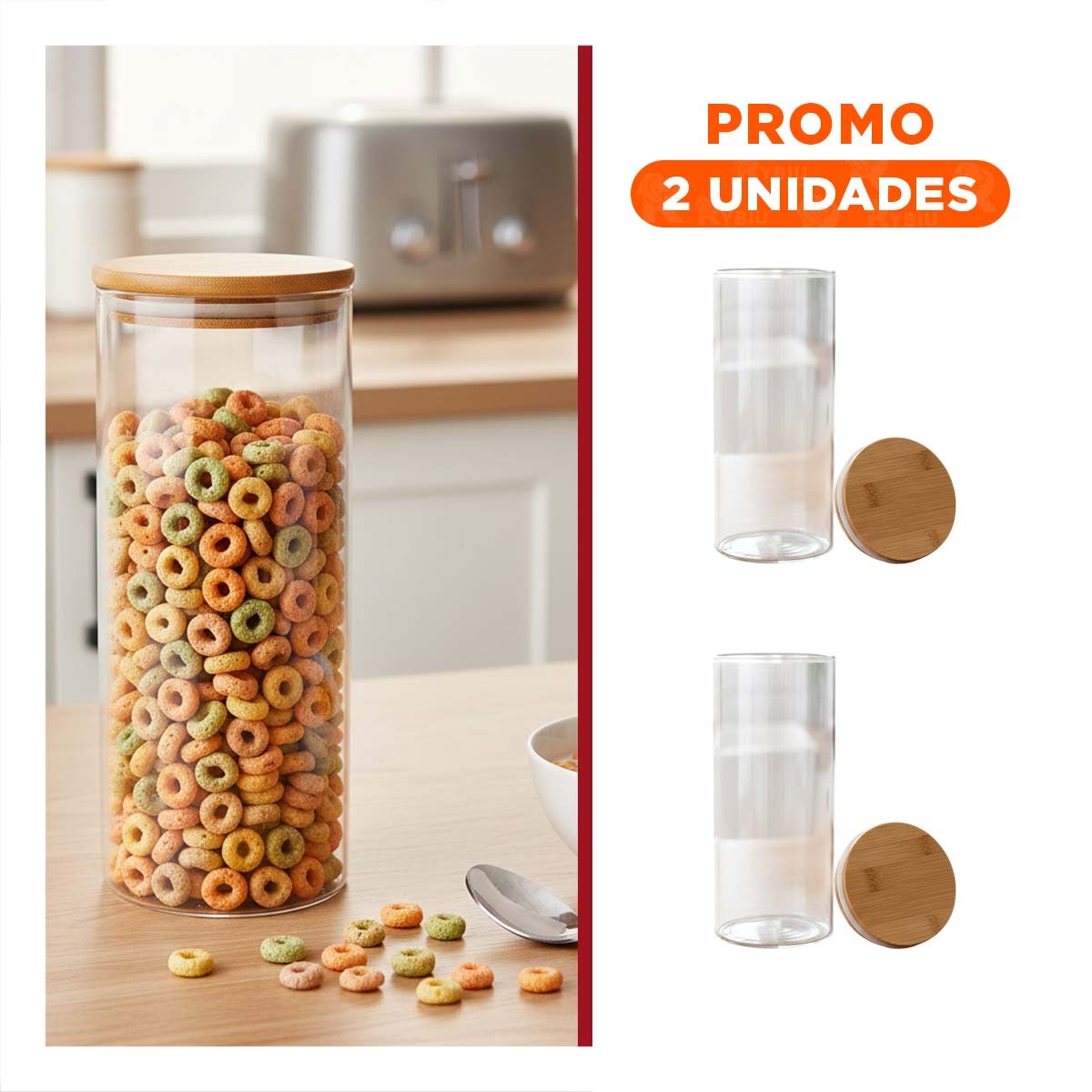 PACK2 FRASCO DE VIDRIO REDONDO 700ML TRANSPARENTE CON TAPA MADERA COCINA - 1