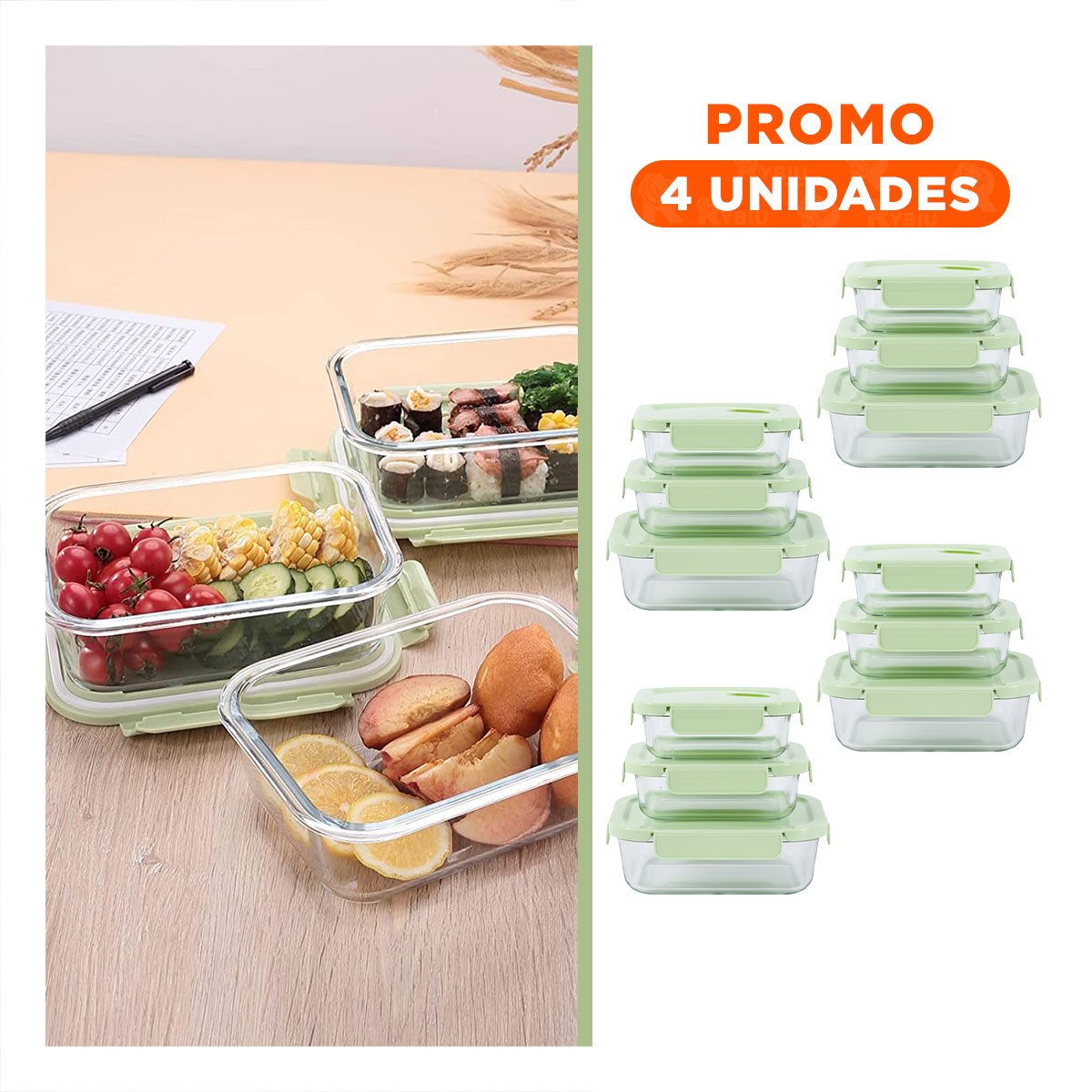 PACK4 KIT DE ENVASES DE VIDRIO RECTANGULAR CON TAPA VERDE COCINA Y+REGALO STICKER - 1