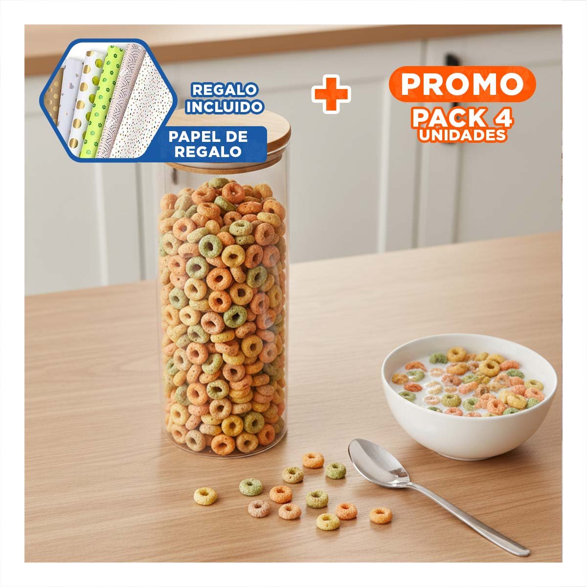 PACK4 TARRO DE VIDRIO REDONDO 700ML TRANSPARENTE CON TAPA MADERA COCINA Y+PAPEL REGALO - 1