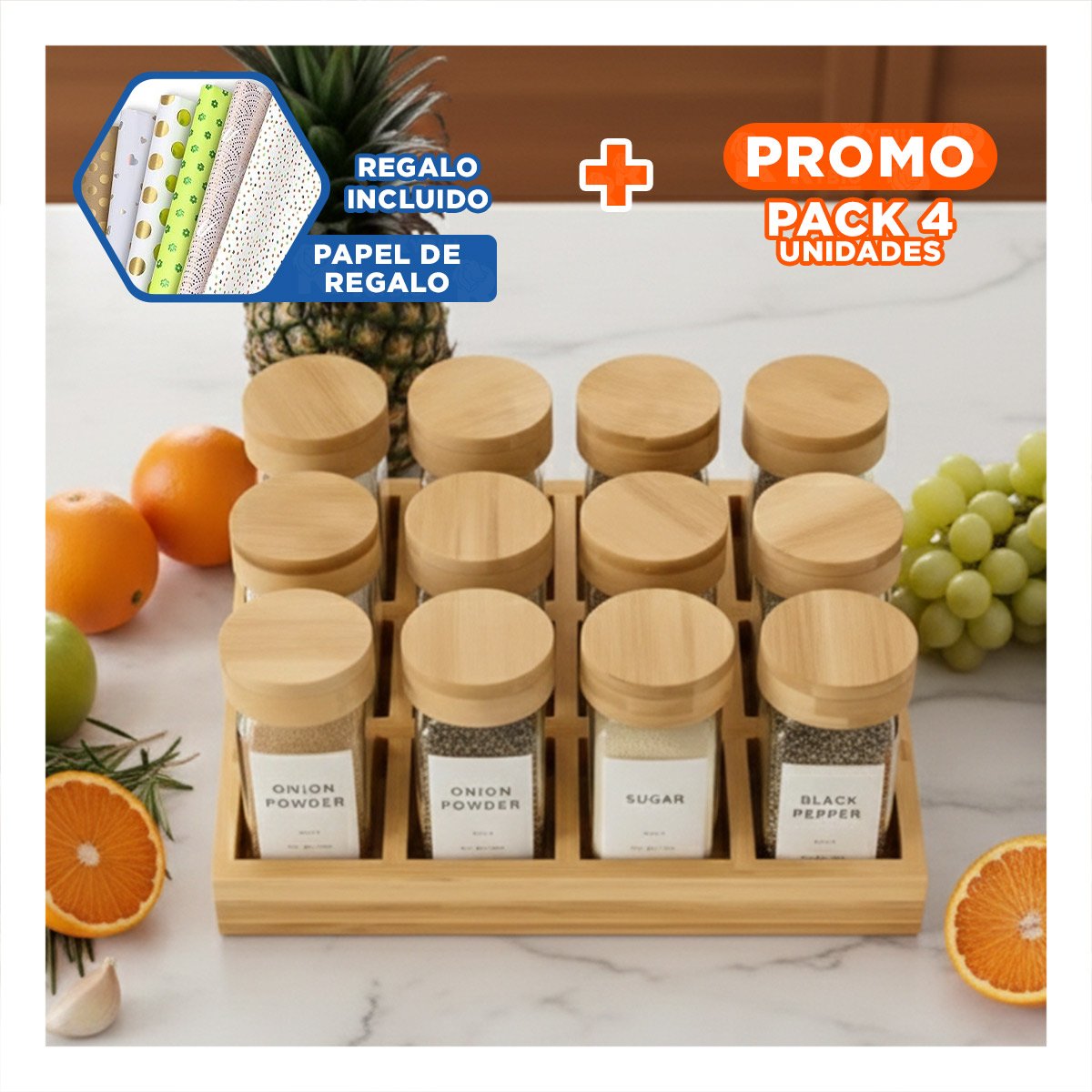 PACK4 ESPECIERO DE MESA CON 12 FRASCOS PARA COMEDOR Y+PAPEL REGALO - 1