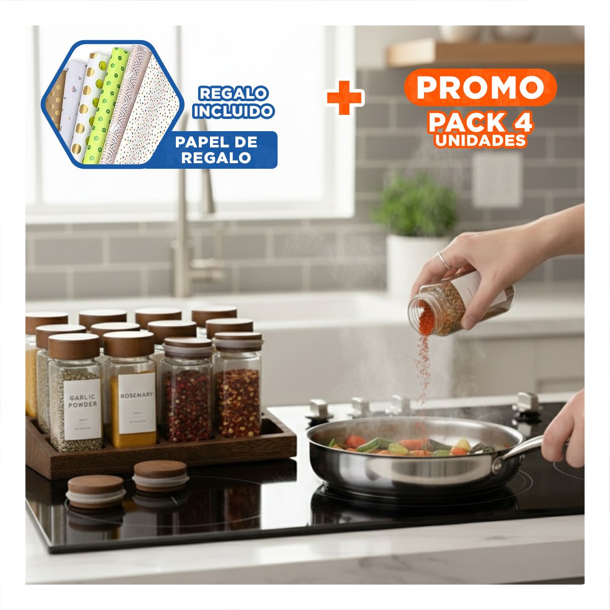 PACK4 SET COMPACTO DE CONDIMENTOS CON 12 FRASCOS Y+PAPEL REGALO - 1