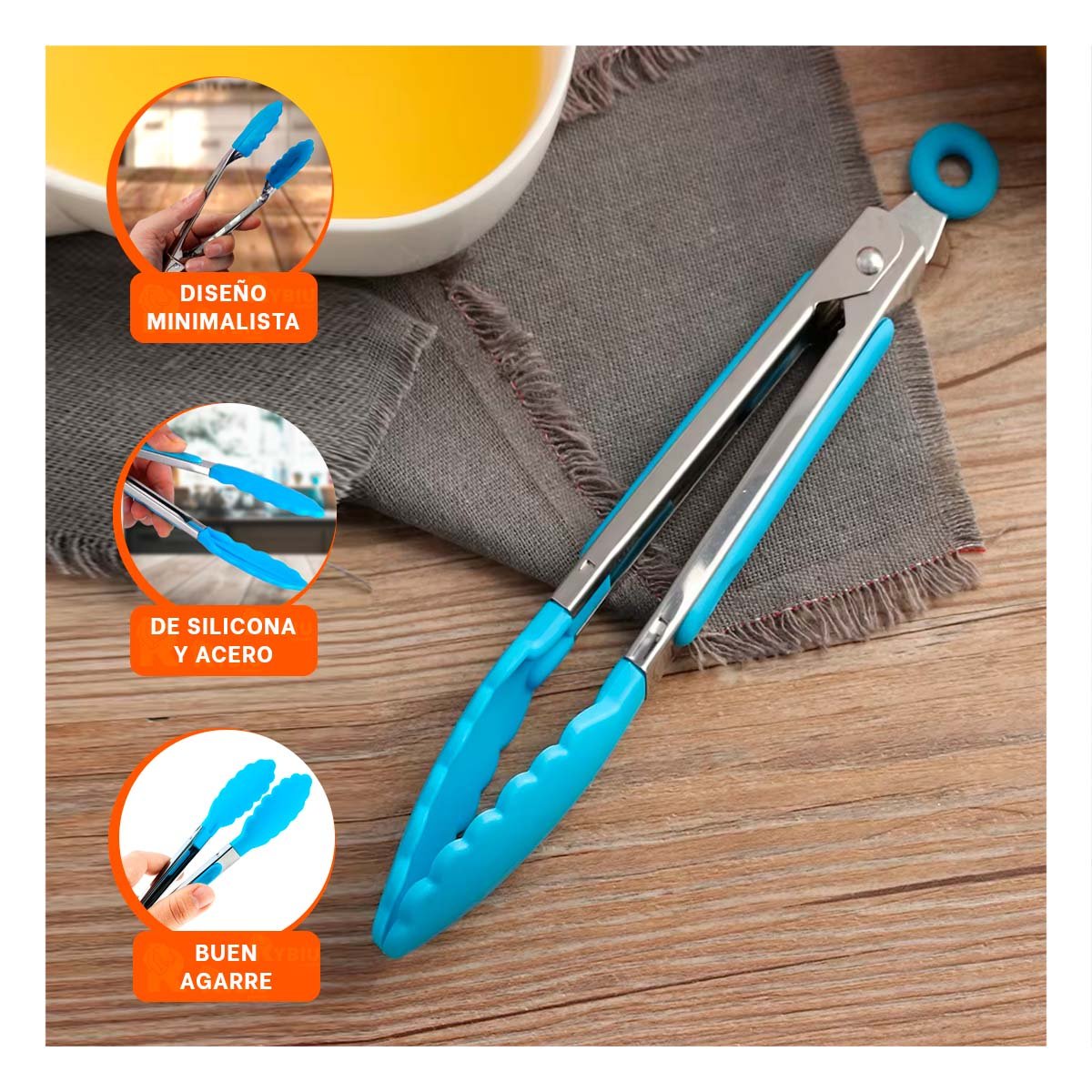PACK6 TENAZA DE COCINA 21CM CELESTE RESISTENTE PARA PARRILLA Y CASA Y+REGALO STICKER - 3