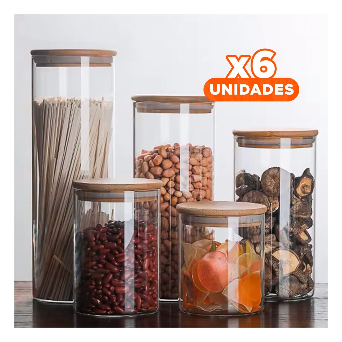 PACK6 RECIPIENTE DE VIDRIO TRANSPARENTE 700ML CON TAPA MADERA COCINA Y+REGALO STICKER - 1