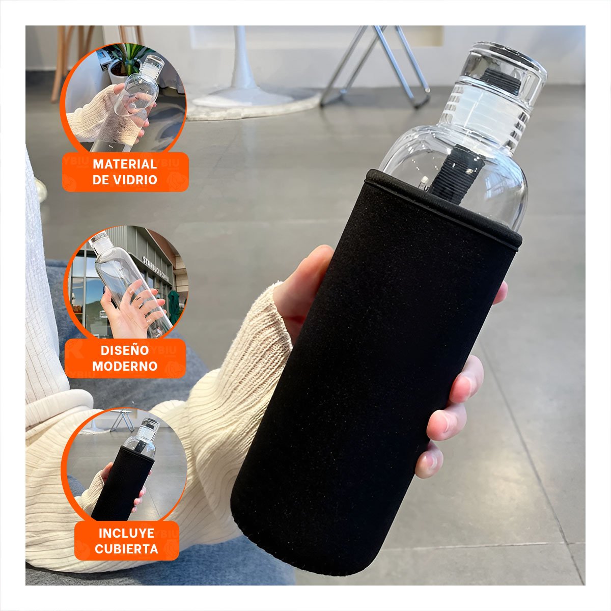 FRASCO DURADERO DE VIDRIO CON CUBIERTA 750ML TRANSPARENTE Y NEGRO Y+PAPEL REGALO - 5