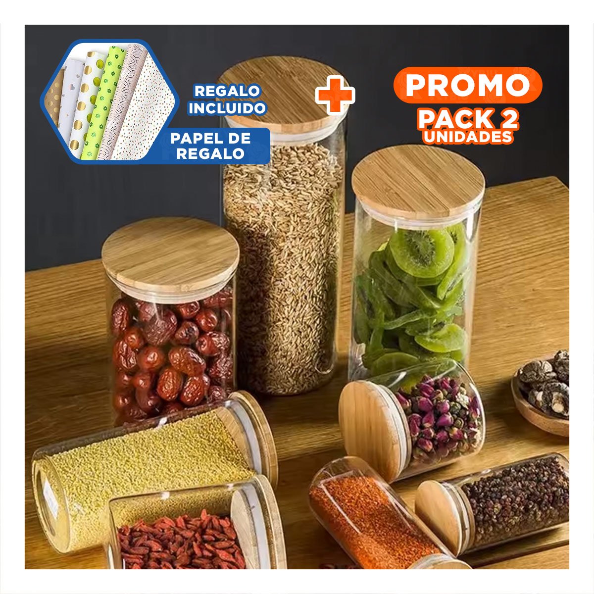 PACK2 ENVASE DE VIDRIO REDONDO 700ML TRANSPARENTE CON TAPA MADERA COCINA Y+PAPEL REGALO - 1
