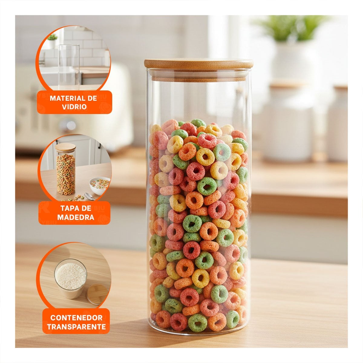 PACK2 ENVASE DE VIDRIO REDONDO 700ML TRANSPARENTE CON TAPA MADERA COCINA Y+PAPEL REGALO - 5