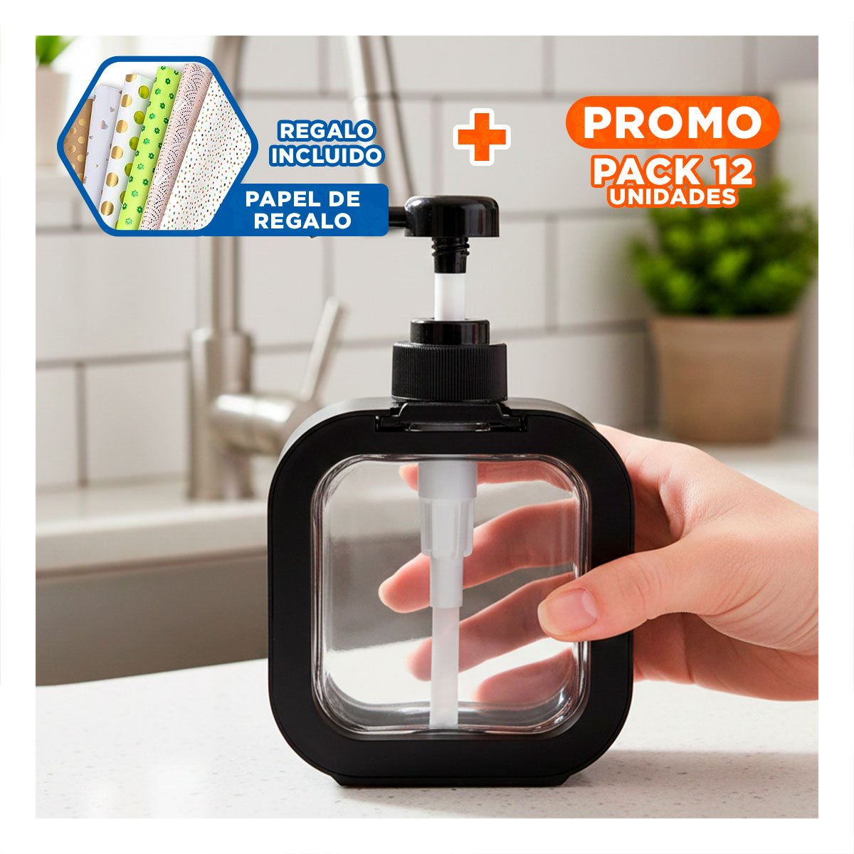 PACK12 SISTEMA FUNCIONAL PARA JABON CUADRADO NEGRO EN COCINA Y+PAPEL REGALO - 1
