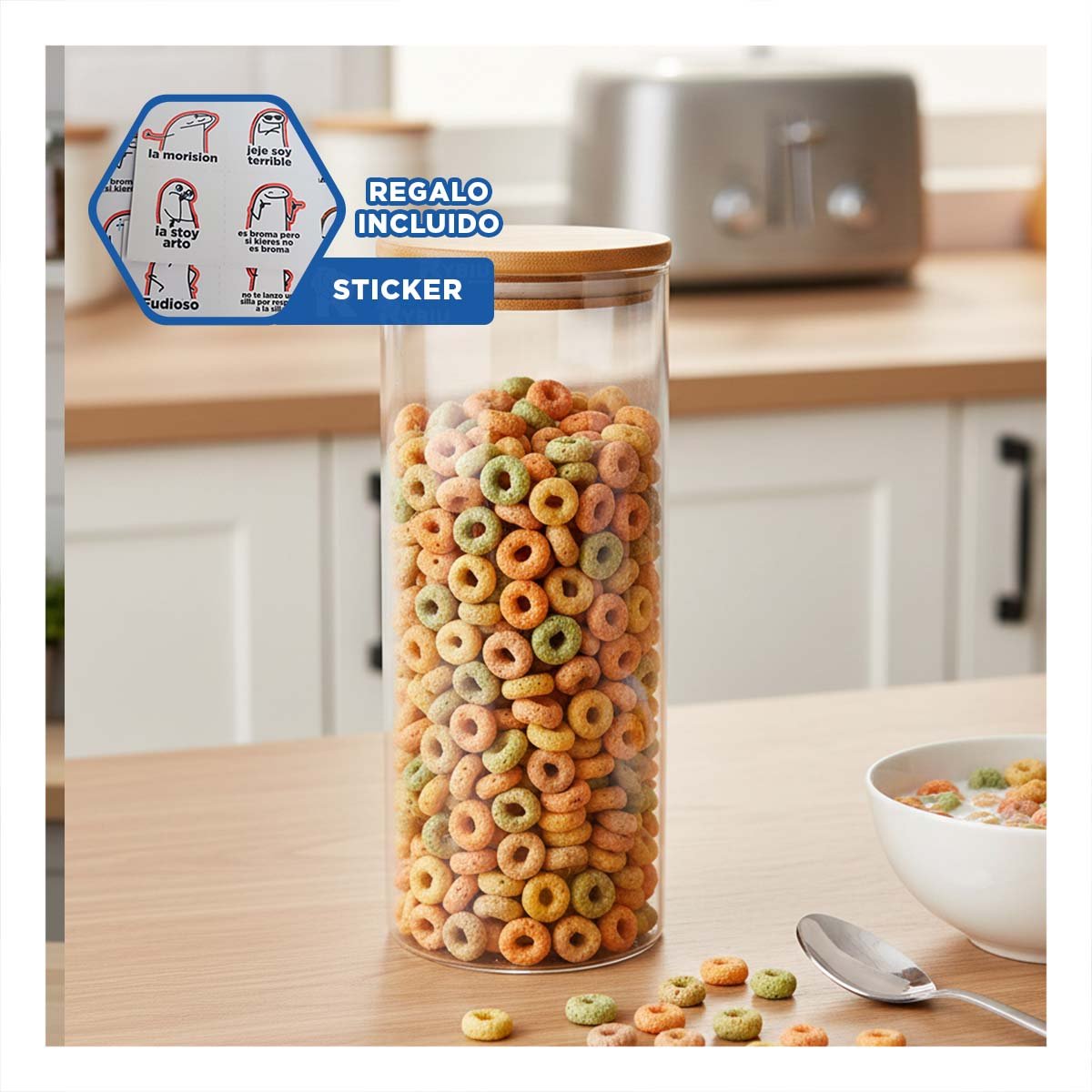 CONTENEDOR DE VIDRIO 700ML TRANSPARENTE CON TAPA MADERA PARA COCINA Y+REGALO STICKER - 1