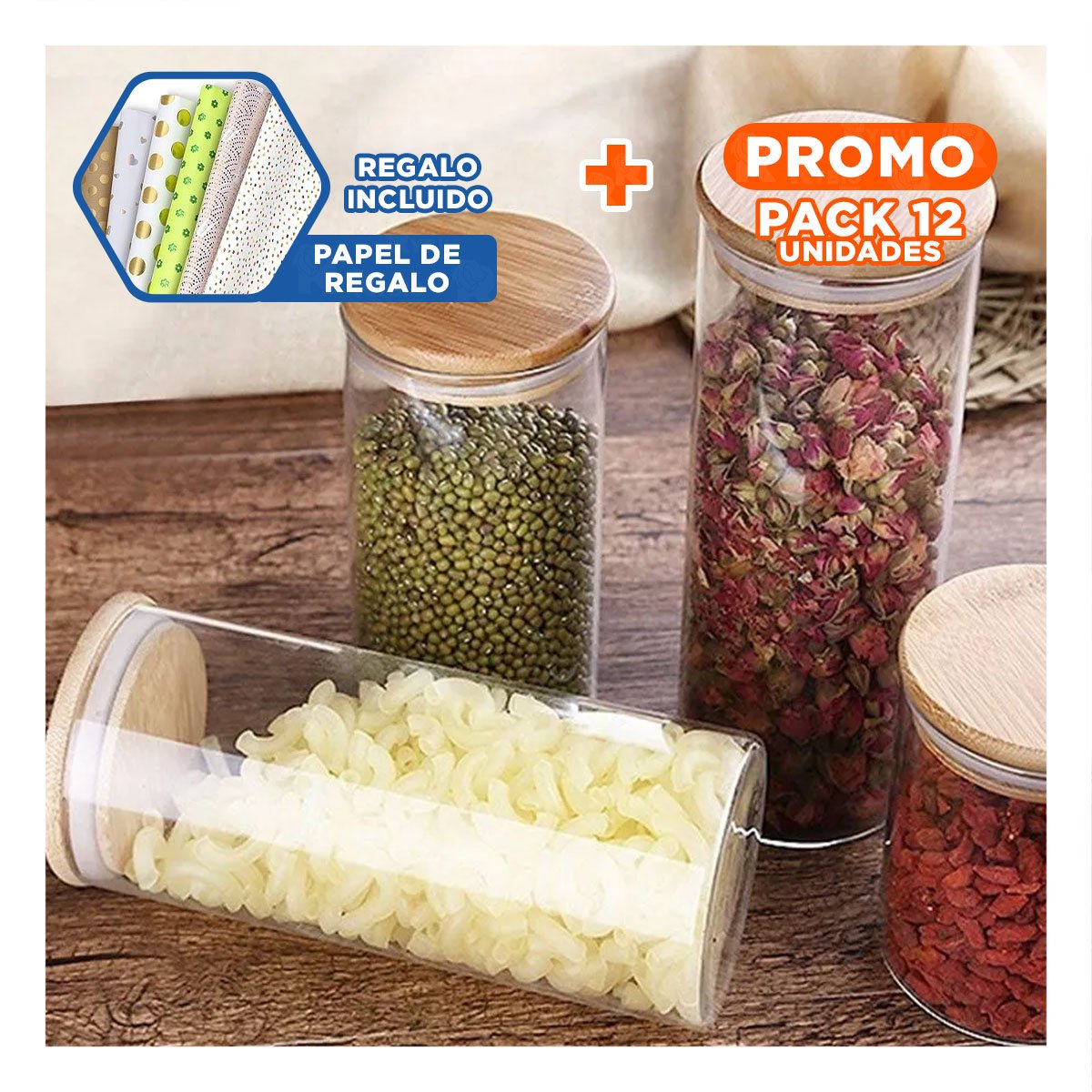 PACK12 TARRO DE VIDRIO TRANSPARENTE 700ML CON TAPA MADERA COCINA Y+PAPEL REGALO - 1