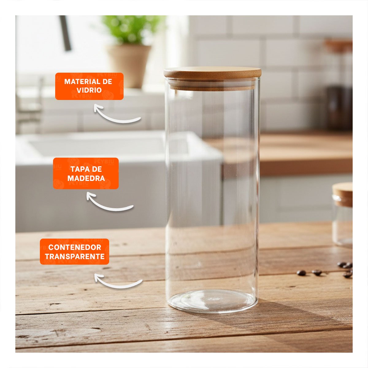 PACK12 TARRO DE VIDRIO TRANSPARENTE 700ML CON TAPA MADERA COCINA Y+PAPEL REGALO - 3