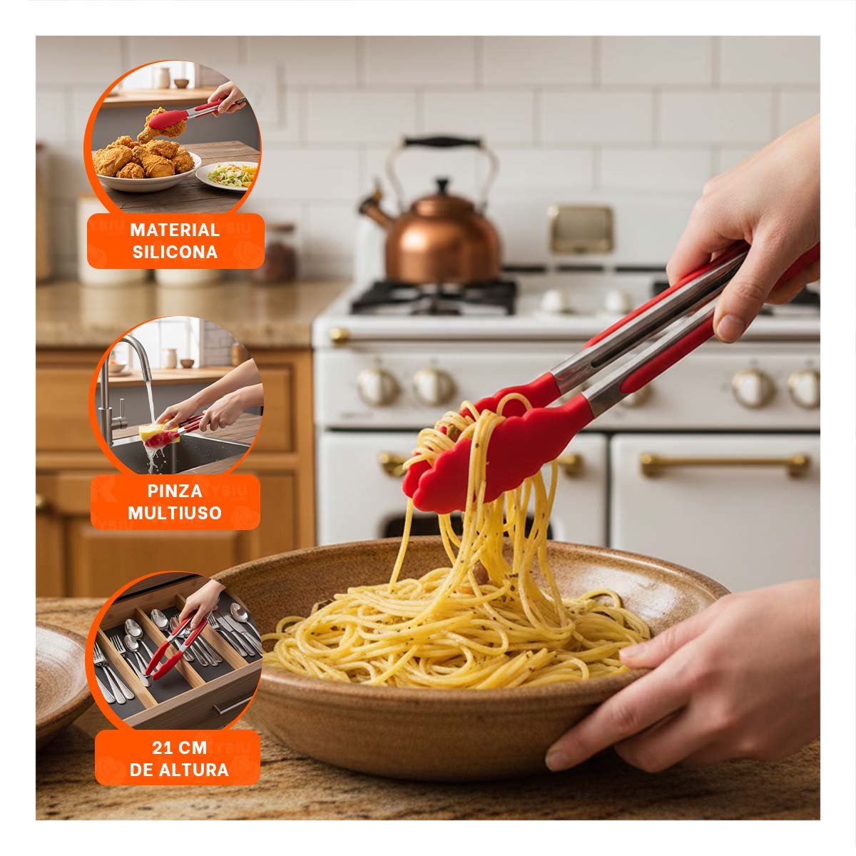 TENAZA DURABLE 21CM EN ROJO PARA COCINA Y USO DIARIO HOGAR Y+PAPEL REGALO - 5