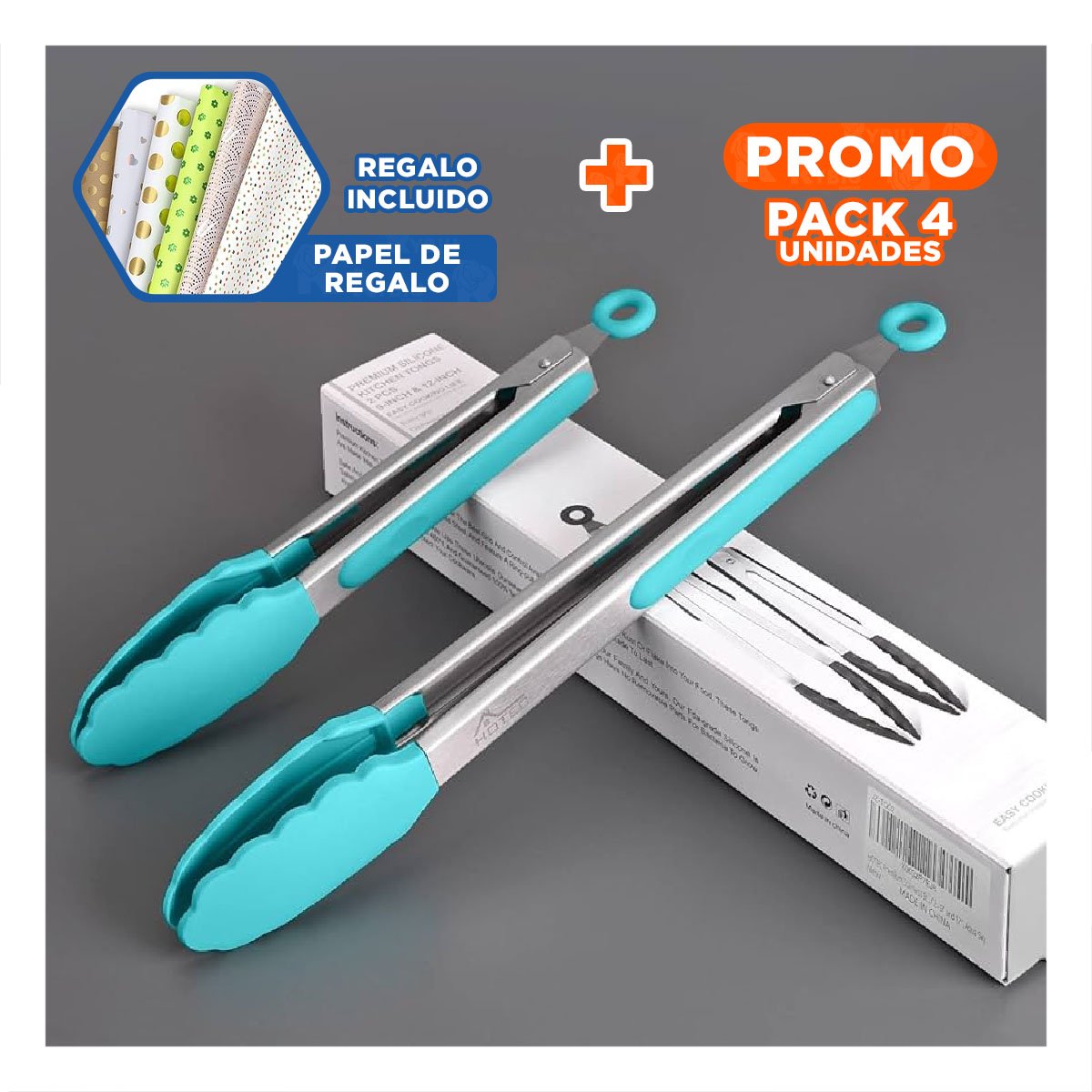 PACK4 ABRAZADERA DE COCINA 21CM CELESTE PRACTICA PARA MANIPULAR ALIMENTOS Y+PAPEL REGALO - 1