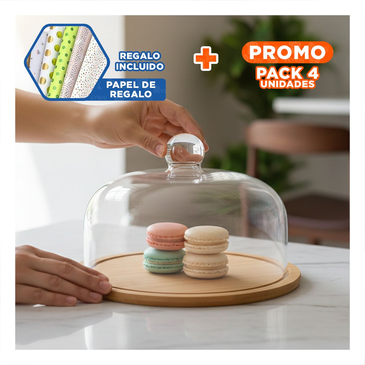 PACK4 PACK BASE MADERA CON CUPULA VIDRIO BAMBU 29X20CM USO DIARIO COCINA Y+PAPEL REGALO - 1