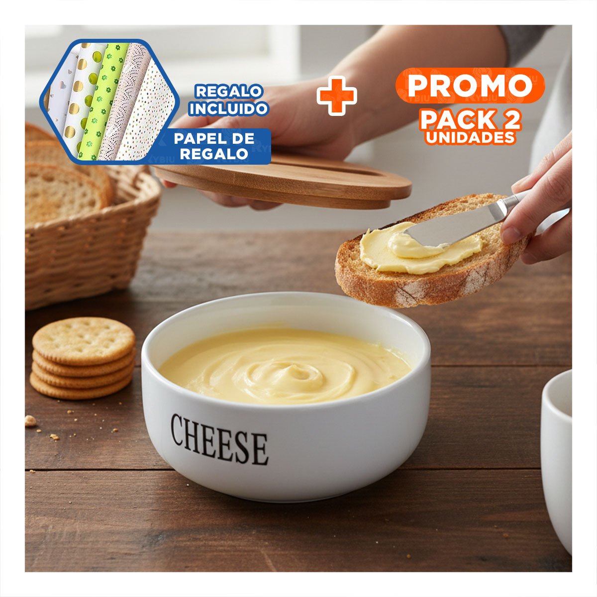 PACK2 PACK DE PORTA QUESO BLANCO CON TAPA BAMBU Y CUCHILLO 16X7,5CM COCINA HOGAR Y+PAPEL REGALO - 1