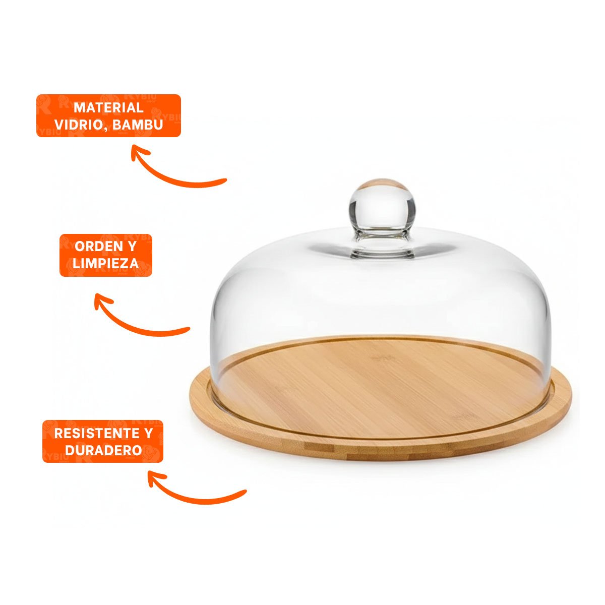 CONJUNTO BASE MADERA CON CUPULA DE VIDRIO TRANSPARENTE BAMBU 32X24CM GUARDAR ALIMENTOS - 3