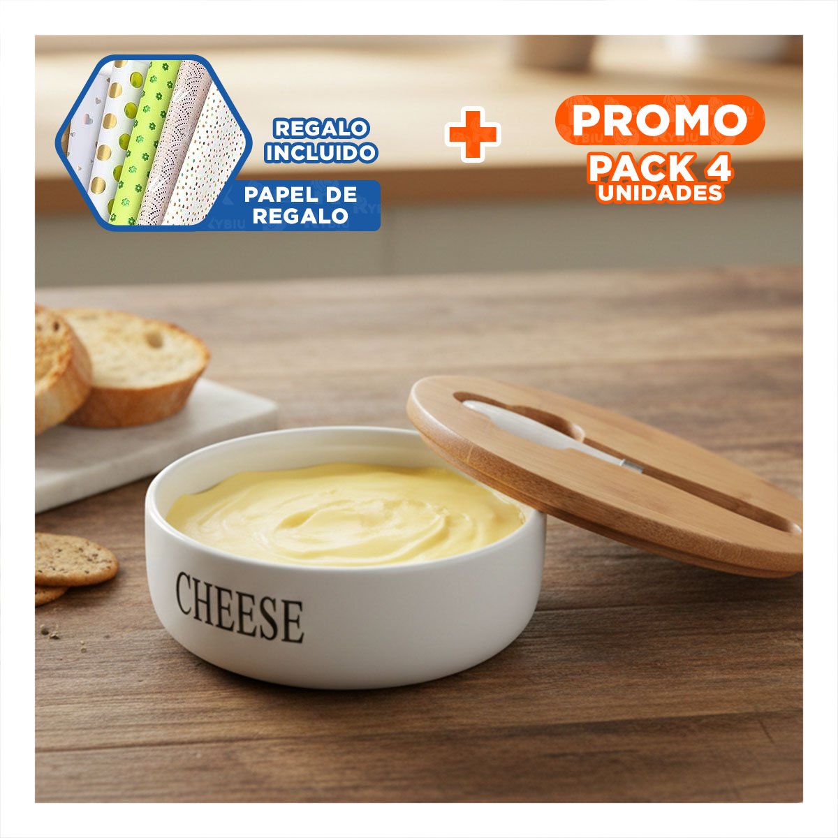 PACK4 PACK BLANCO DE PORTA QUESO TAPA BAMBU Y CUCHILLO 16X7,5CM PARA COCINA Y+PAPEL REGALO - 1