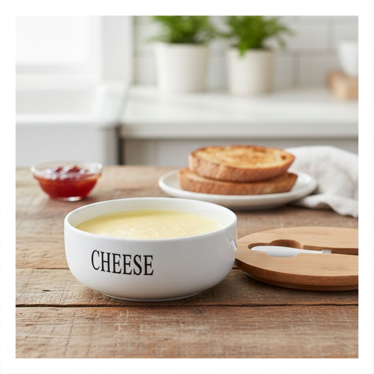 CONJUNTO DE PORTA QUESO BLANCO TAPA BAMBU CUCHILLO 16X7,5CM GUARDAR ALIMENTOS DIARIO - 2