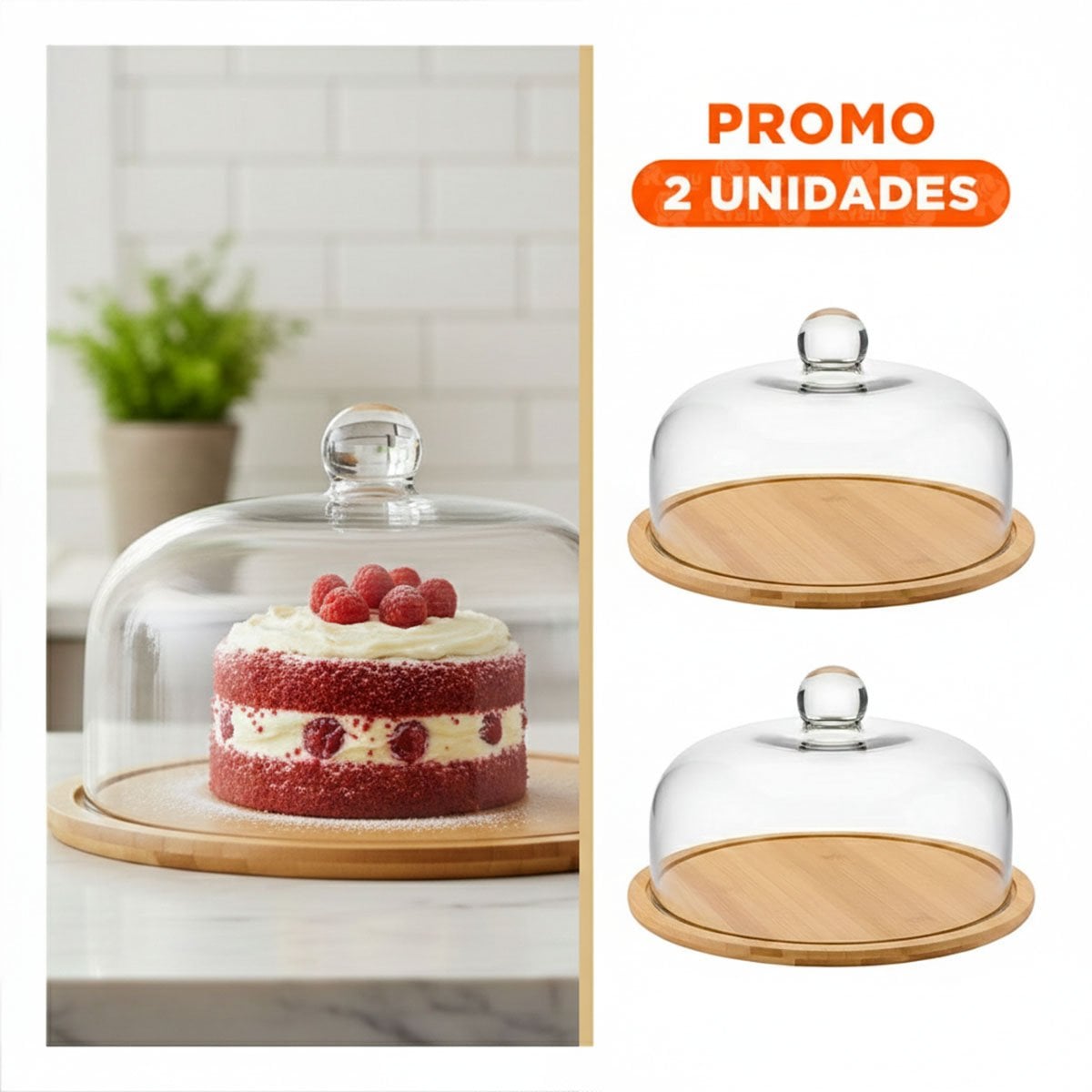PACK2 SET BASE MADERA CUPULA DE VIDRIO TRANSPARENTE BAMBU 32X24CM GUARDAR ALIMENTOS - 1