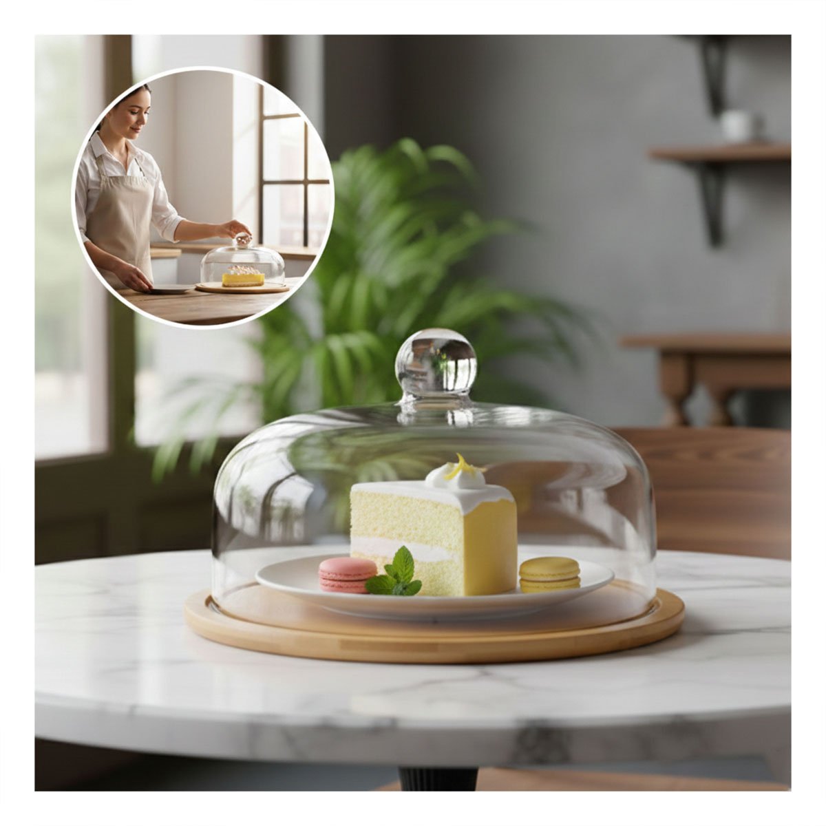 PACK2 SET BASE MADERA CUPULA DE VIDRIO TRANSPARENTE BAMBU 32X24CM GUARDAR ALIMENTOS - 5