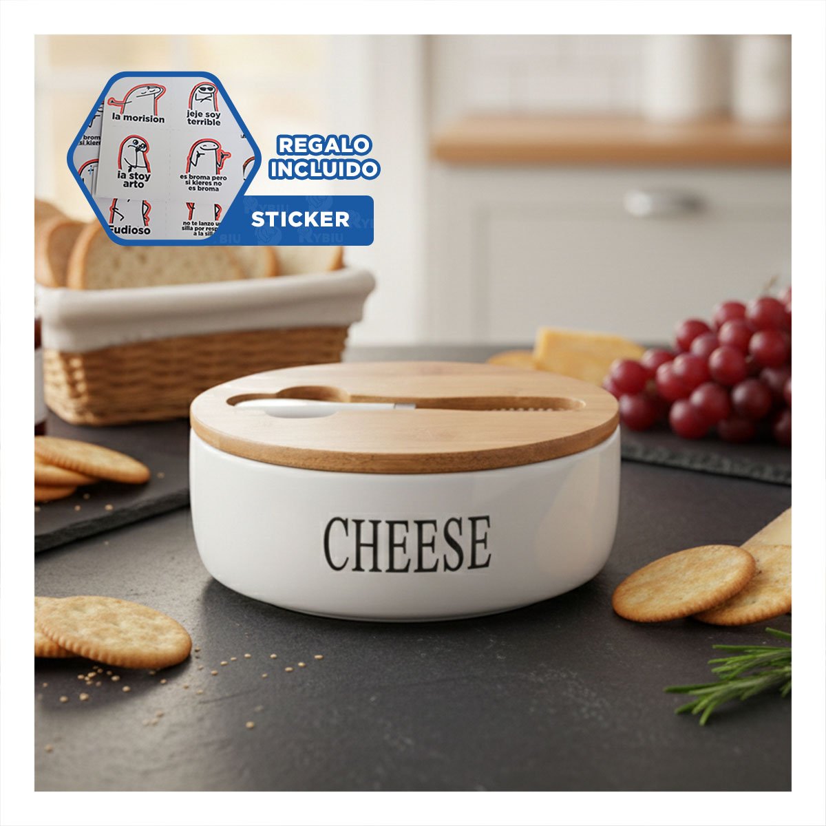 CONJUNTO DE PORTA QUESO BLANCO CON TAPA BAMBU Y CUCHILLO 16X7,5CM Y+REGALO STICKER - 1