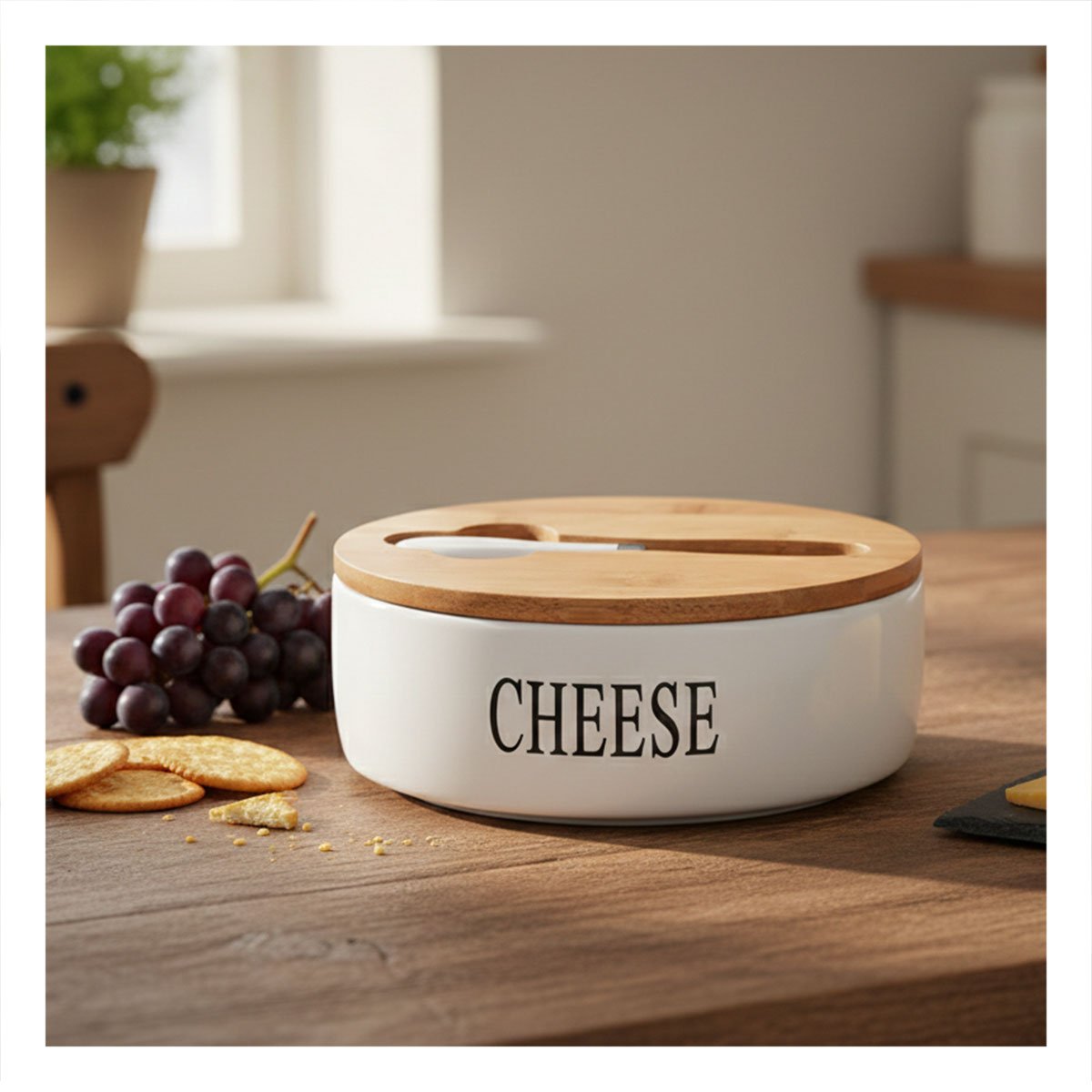 CONJUNTO DE PORTA QUESO BLANCO CON TAPA BAMBU Y CUCHILLO 16X7,5CM Y+REGALO STICKER - 2