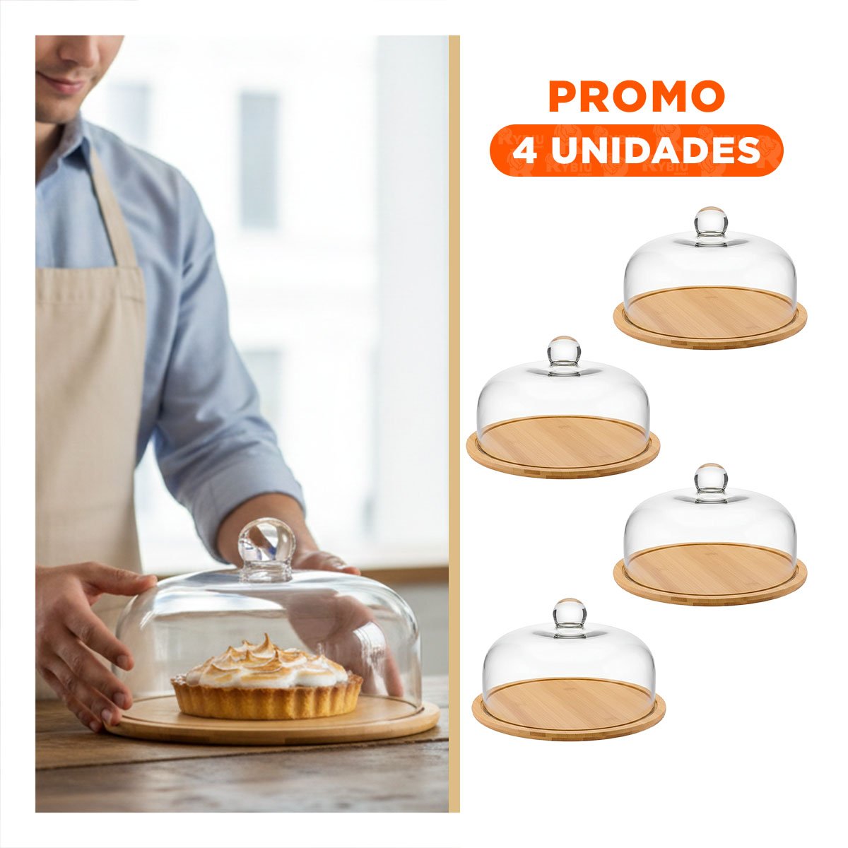 PACK4 PACK DE BASE MADERA Y CUPULA VIDRIO BAMBU 29X20CM ALMACENAJE HOGAR Y+REGALO STICKER - 1