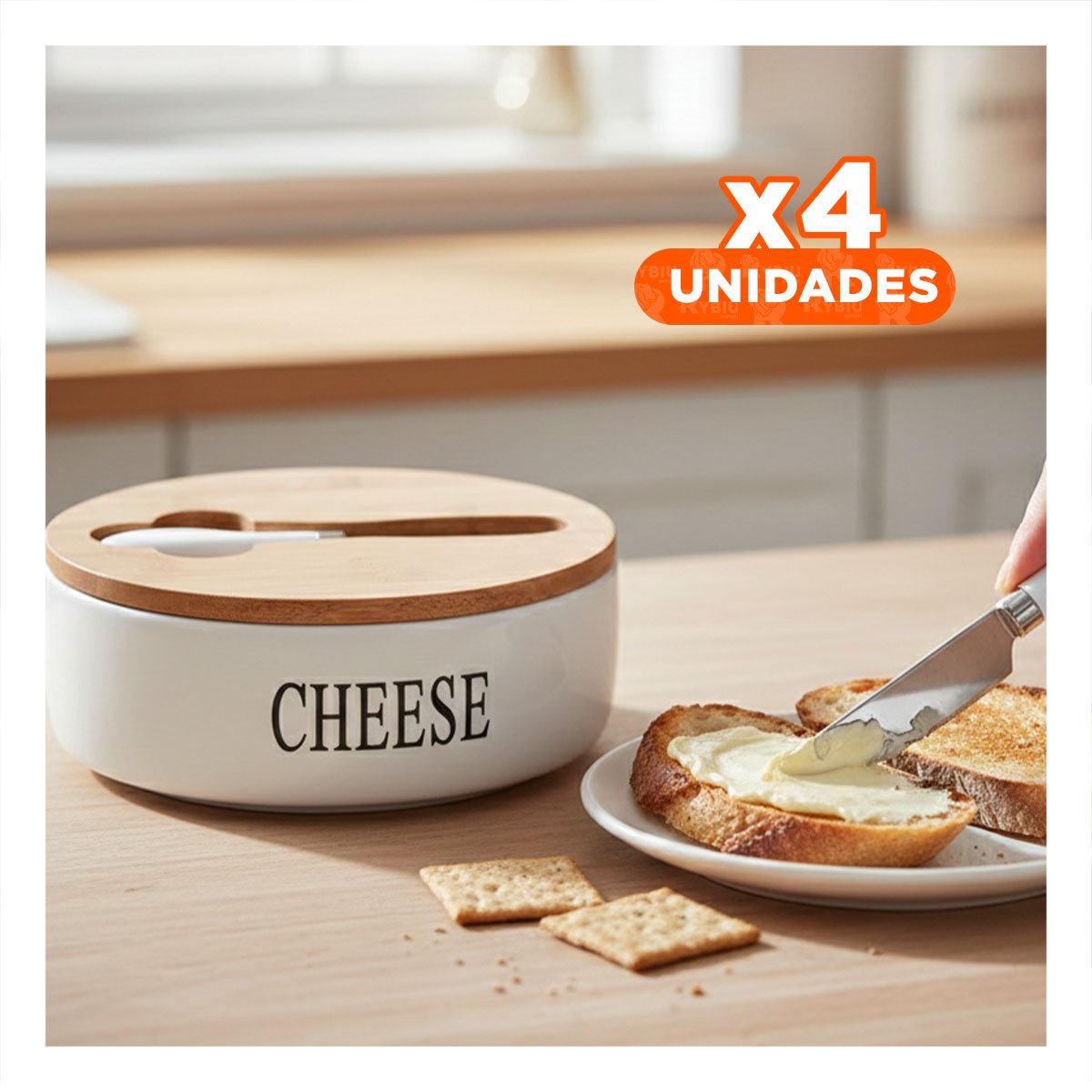 PACK4 PACK DE PORTA QUESO CON TAPA BAMBU CUCHILLO BLANCO 16X7,5CM GUARDAR ALIMENTOS - 1