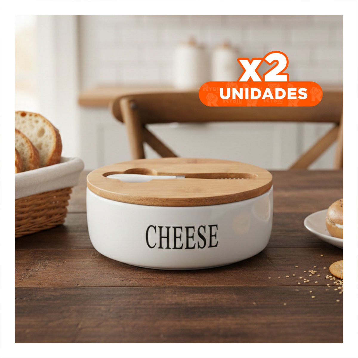PACK2 PACK BLANCO DE PORTA QUESO CON TAPA BAMBU Y CUCHILLO 16X7,5CM DE COCINA Y+REGALO STICKER - 1