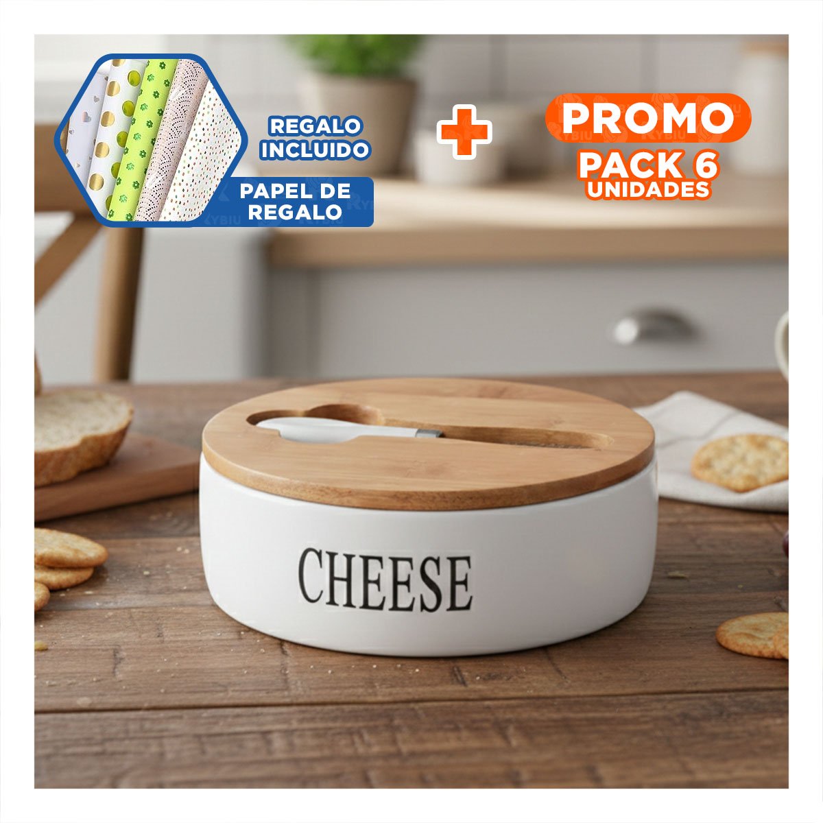 PACK6 SET DE PORTA QUESO BLANCO CON TAPA BAMBU CUCHILLO 16X7,5CM PARA HOGAR Y+PAPEL REGALO - 1