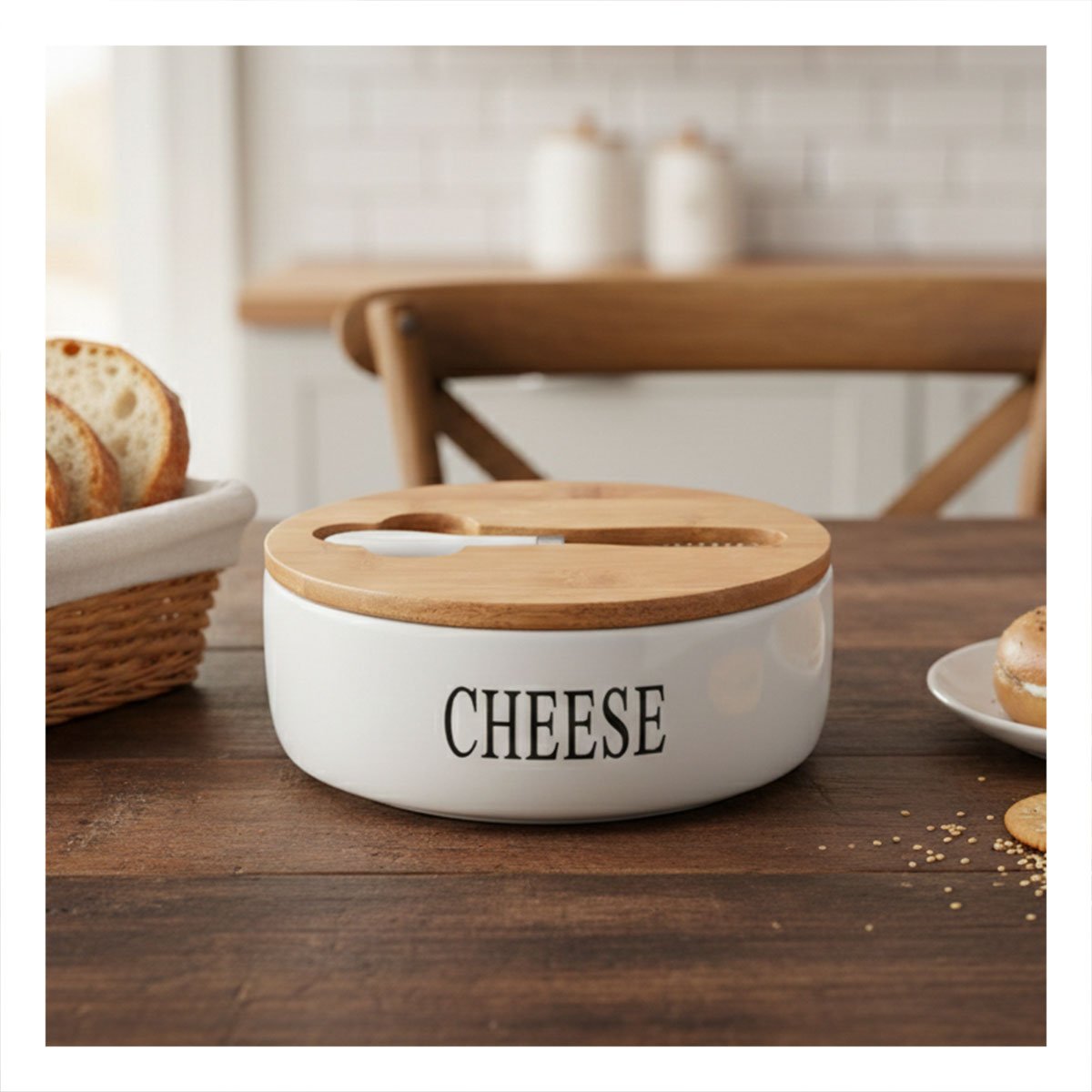 PACK6 SET DE PORTA QUESO BLANCO CON TAPA BAMBU CUCHILLO 16X7,5CM PARA HOGAR Y+PAPEL REGALO - 5