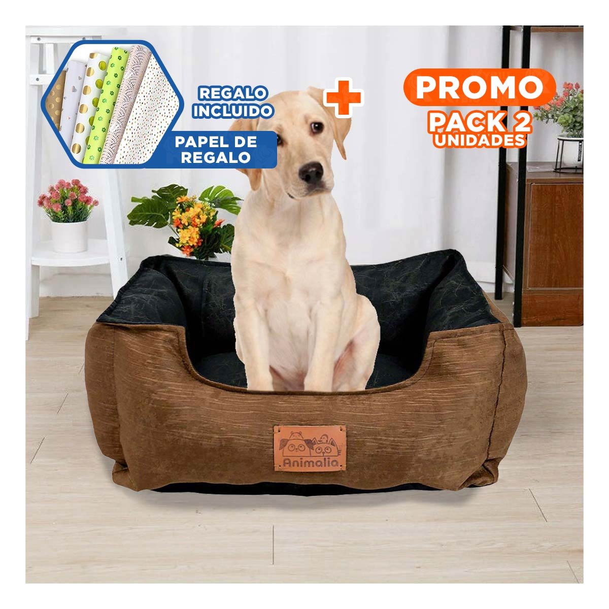 PACK2 LECHO MARRON PARA PERRO TALLA M CON CENTRO NEGRO Y+PAPEL REGALO - 1