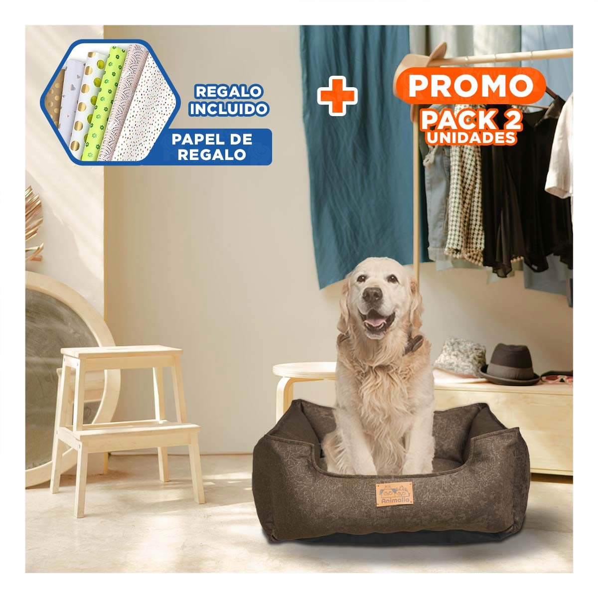 PACK2 LECHO MARRON PARA PERRO TALLA M CON COMPLETO Y+PAPEL REGALO - 1
