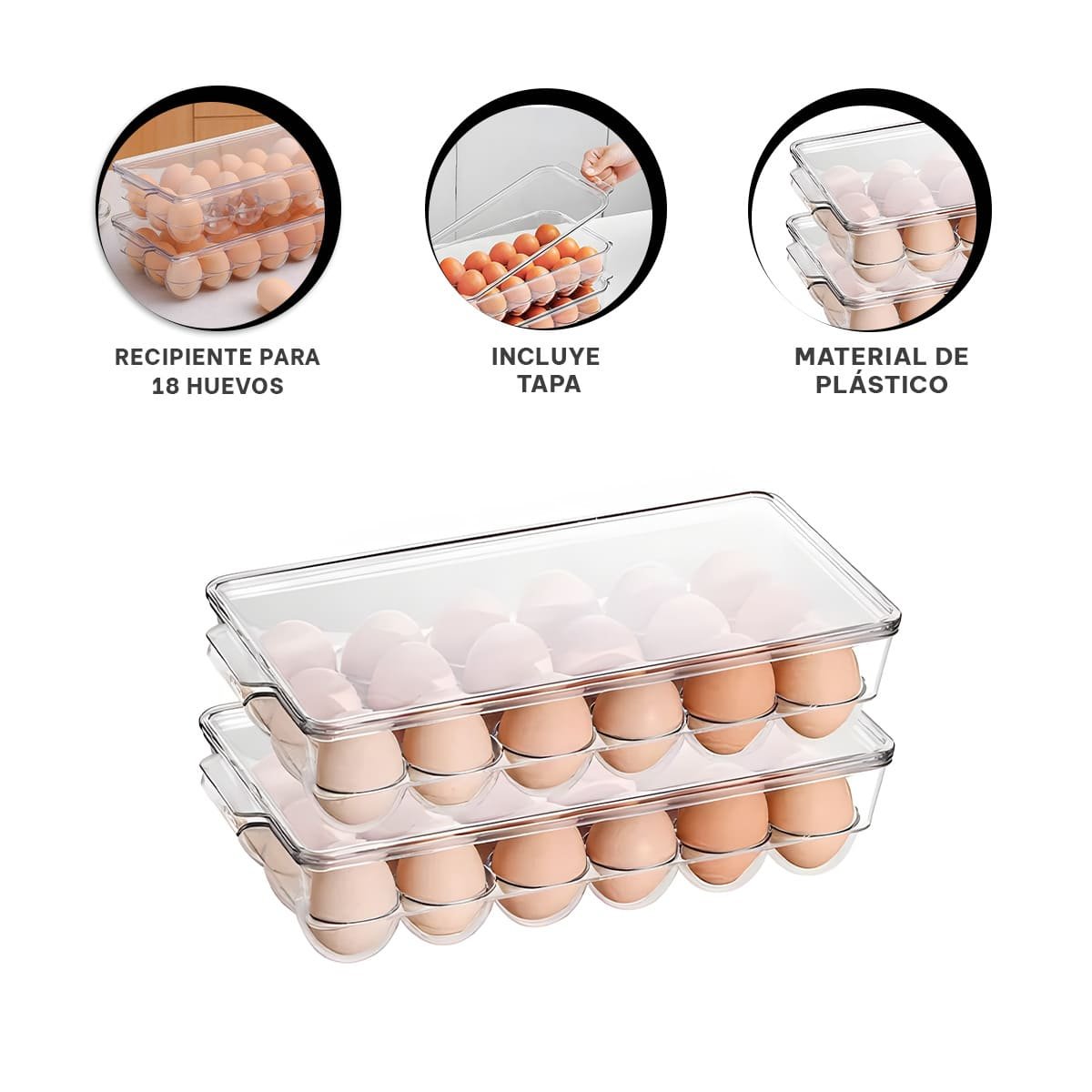 CONTENEDOR TRANSPARENTE PARA 18 HUEVOS CON TAPA RESISTENTE Y ORGANIZADO - 3
