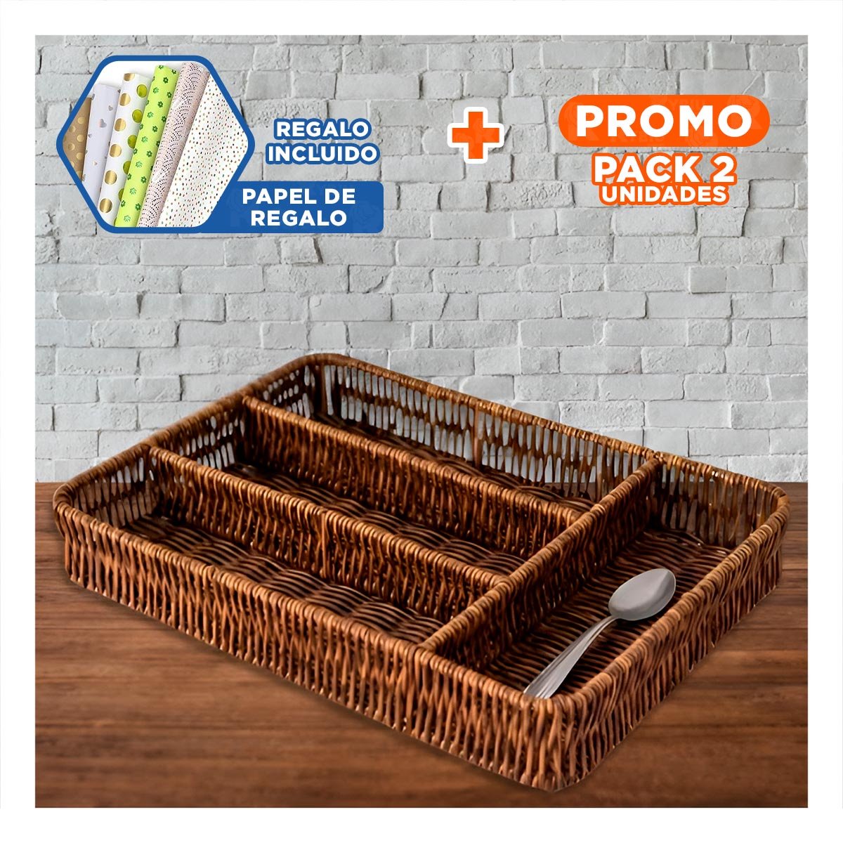 PACK2 PORTA UTENSILIOS TEJIDO 4 DIVISIONES MARRON PARA ORDEN Y MESA Y+PAPEL REGALO - 1