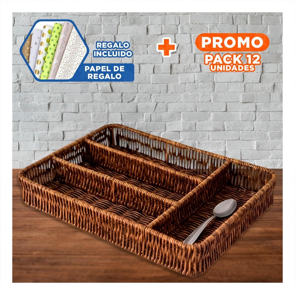 PACK12 RECIPIENTE UTENSILIOS TEJIDO 4 DIVISIONES MARRON PARA COCINA Y HOGAR Y+PAPEL REGALO - 1