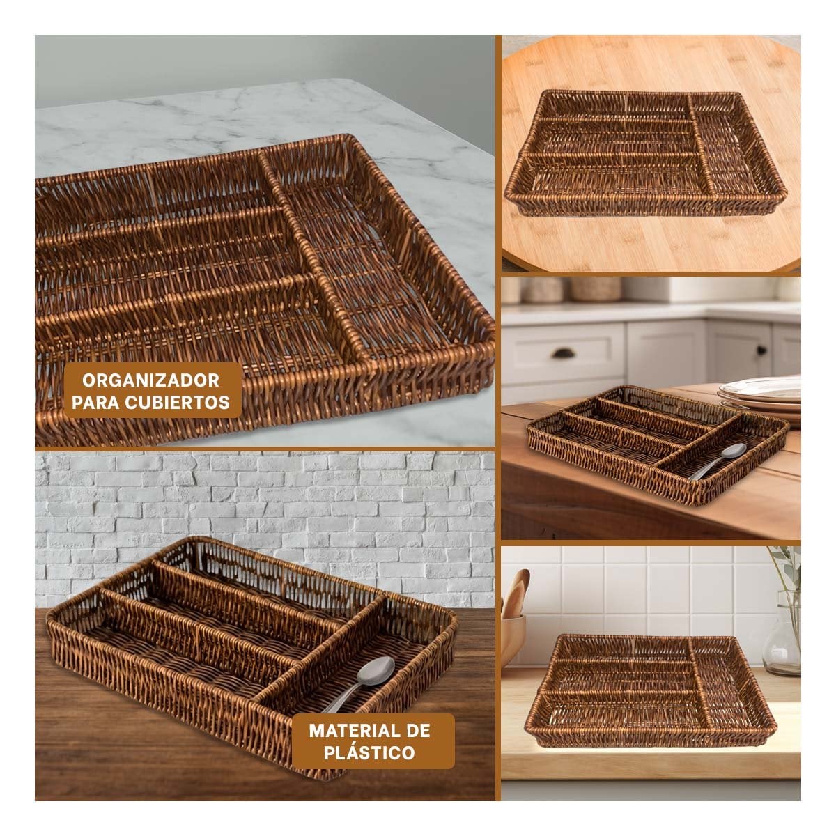 PACK12 RECIPIENTE UTENSILIOS TEJIDO 4 DIVISIONES MARRON PARA COCINA Y HOGAR Y+PAPEL REGALO - 2