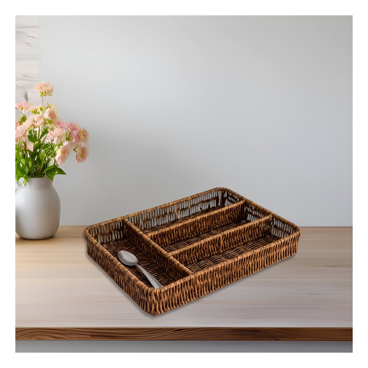 PACK4 SOPORTE CUBIERTOS TEJIDO 4 DIVISIONES MARRON PARA COCINA Y HOGAR Y+REGALO STICKER - 3