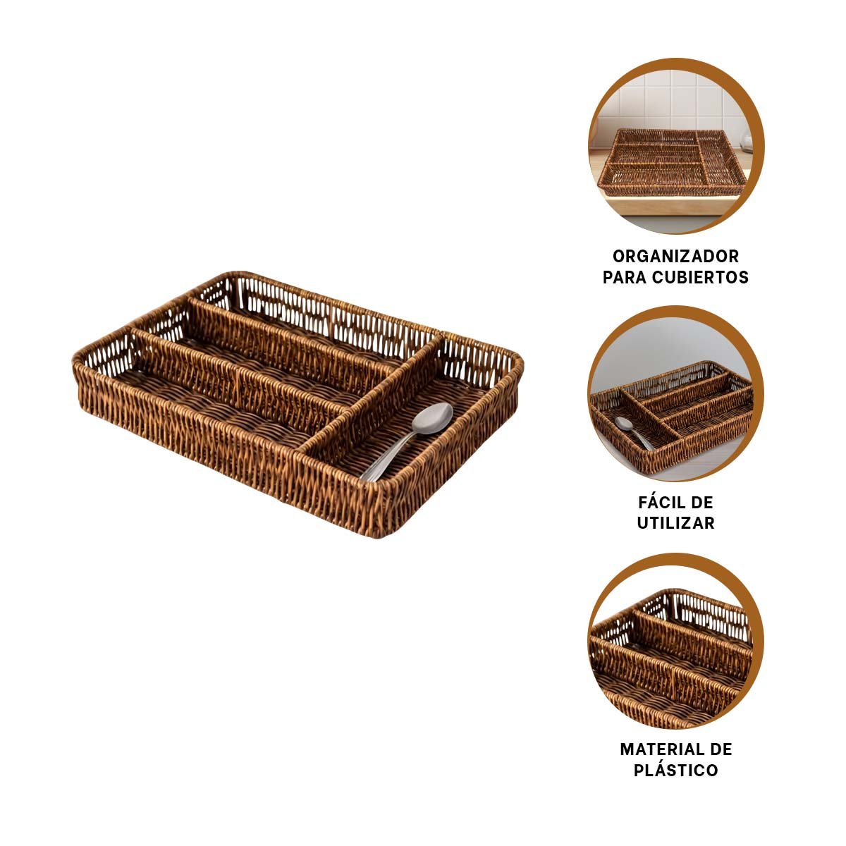 ORGANIZADOR CUBIERTOS TEJIDO 4 DIVISIONES 30X19,5CM MARRON PARA COCINA Y HOGAR - 3