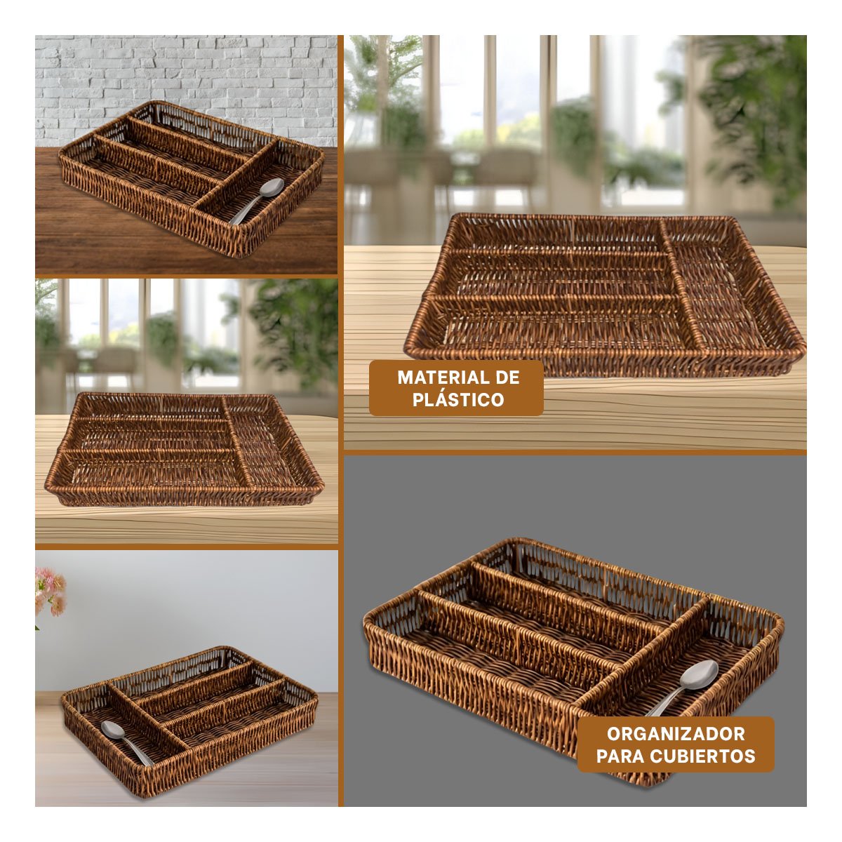 ORGANIZADOR CUBIERTOS TEJIDO 4 DIVISIONES 30X19,5CM MARRON PARA COCINA Y HOGAR - 5