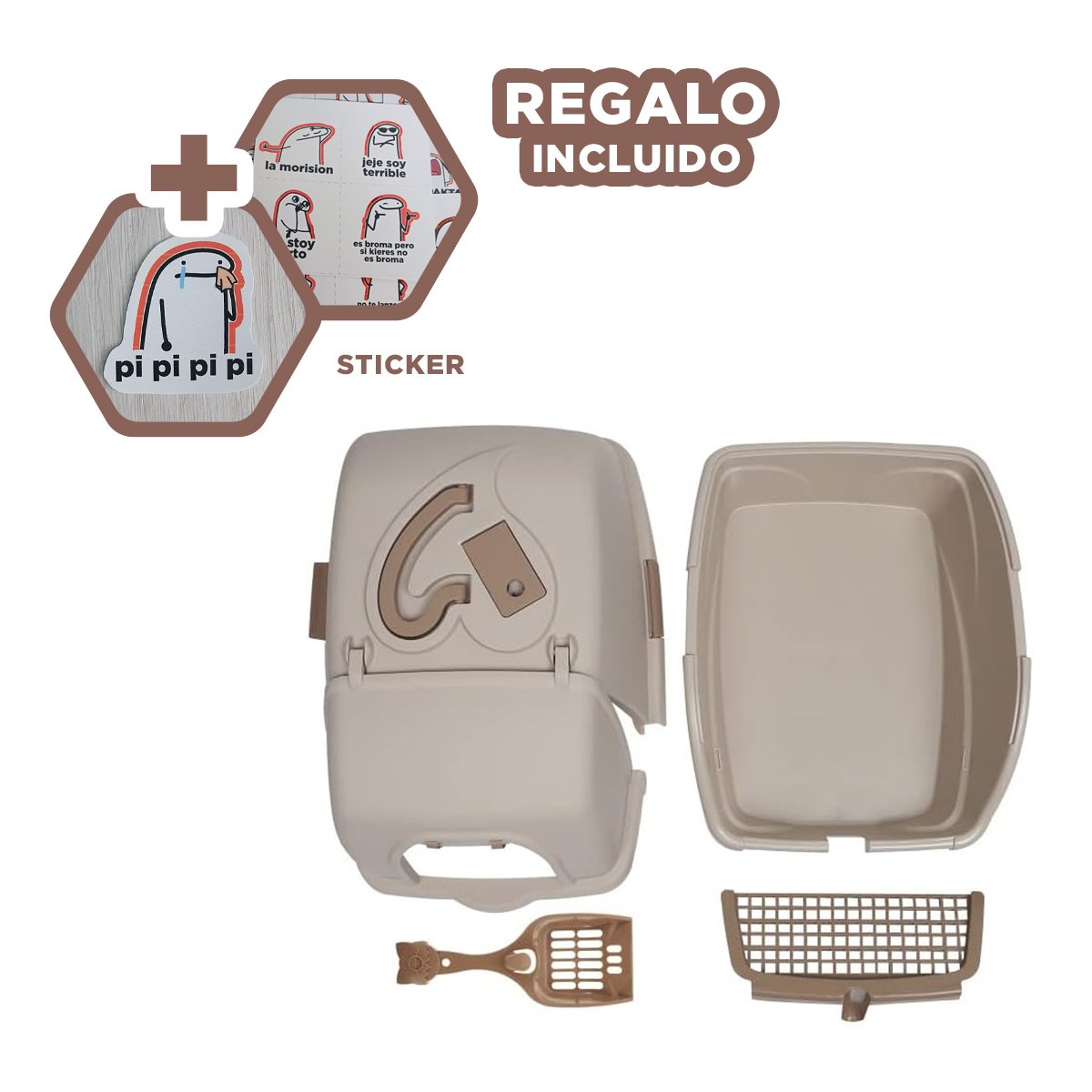 BANDEJA SANITARIA CON CERNIDOR Y PALA BEIGE Y MARRON PARA GATOS Y+REGALO STICKER - 1